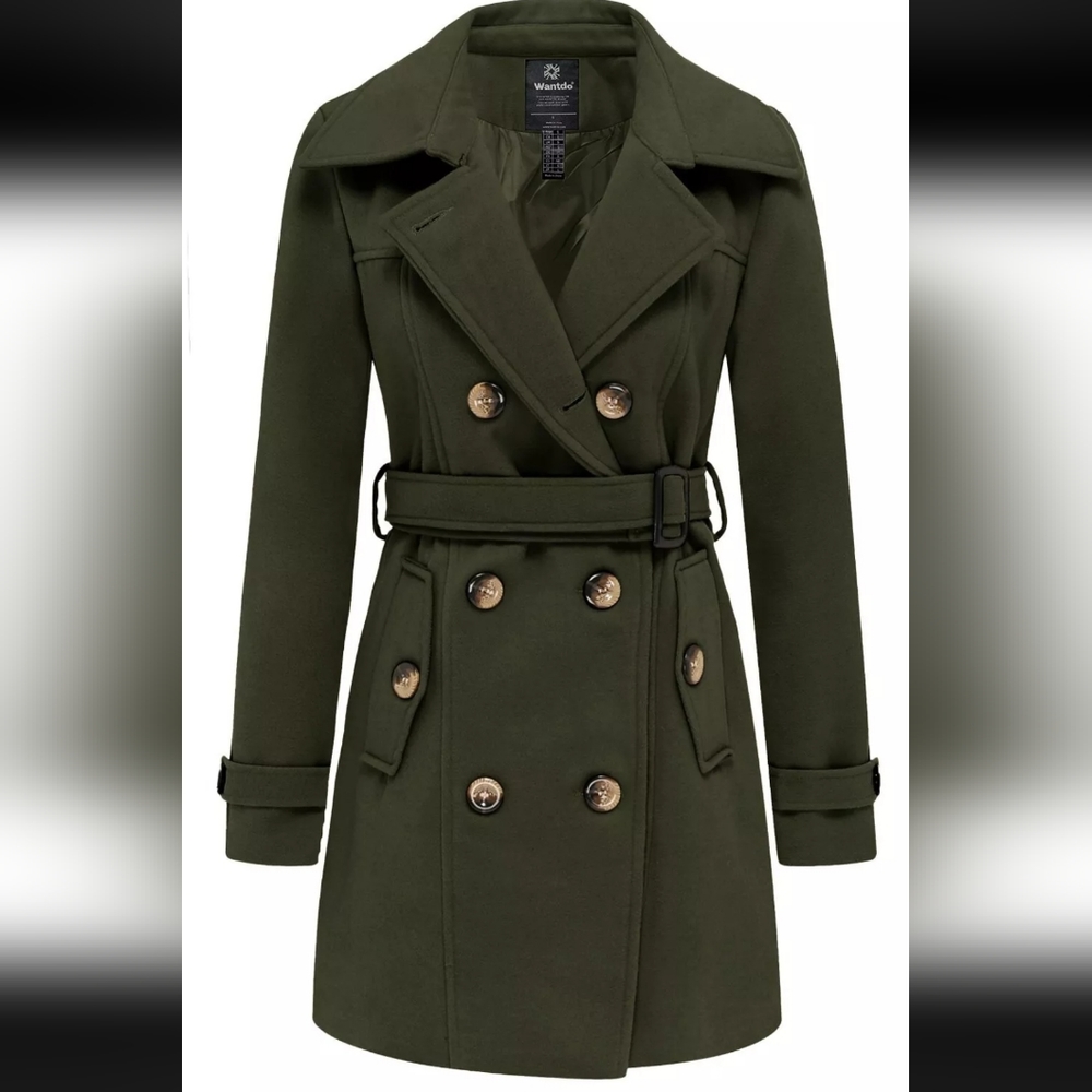 Wantdo Women's Double Breasted Pea Coat Trench Coat with Belt Large Green